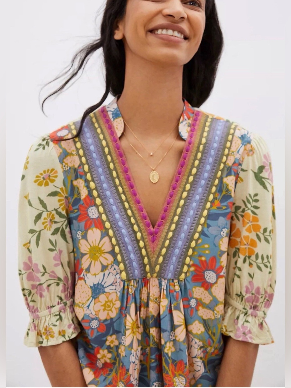 Bl^nk London x Anthropologie STEPHANIE medium Yellow Blue Floral V-Neck Top - Picture 4 of 13